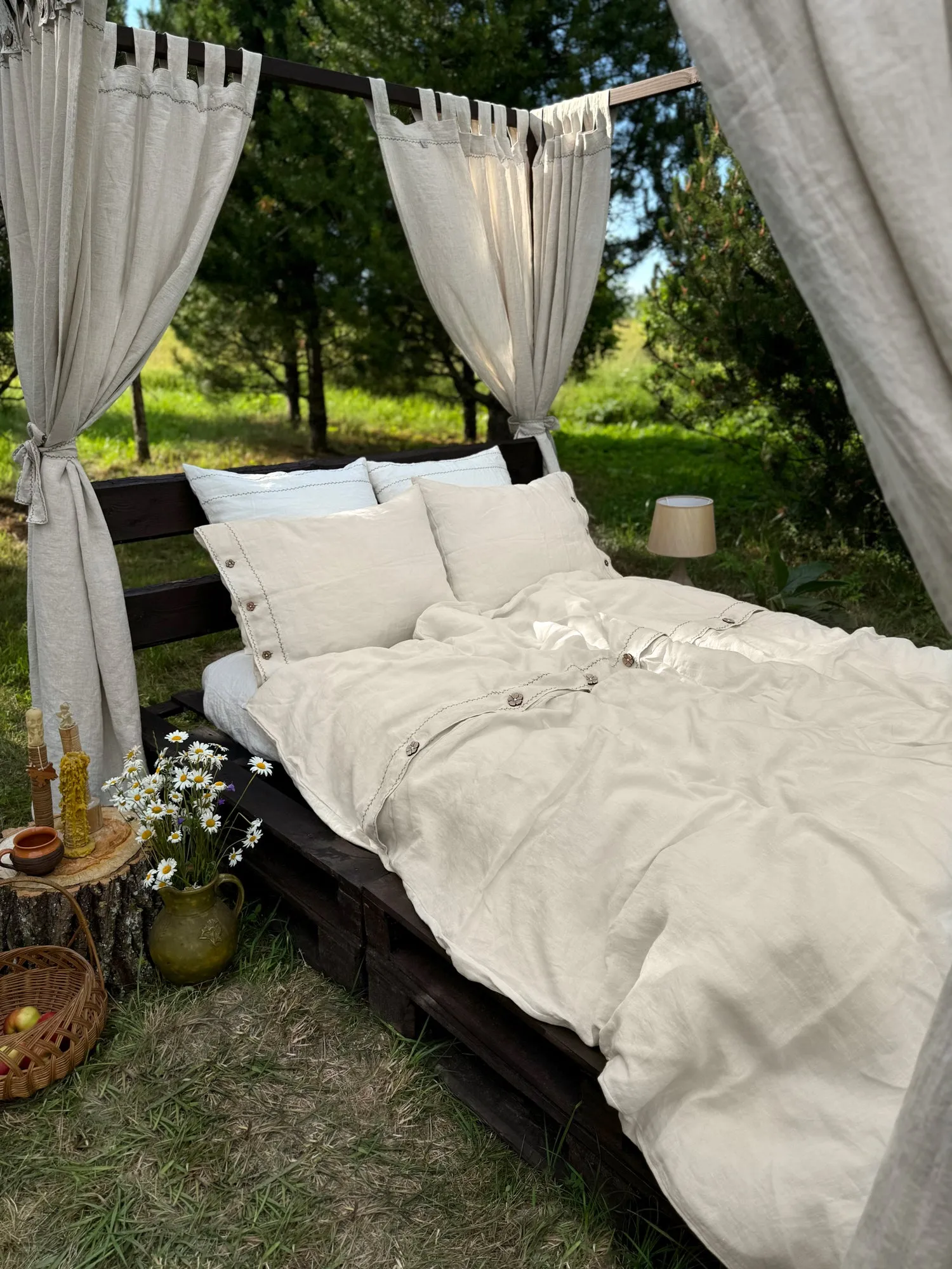 Black Embroidered Linen Duvet Cover with a top closure