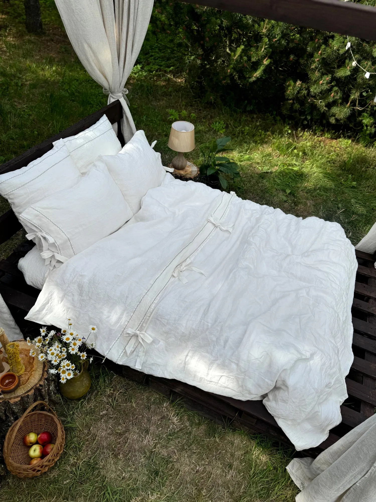 Black Embroidered Linen Duvet Cover with a top closure