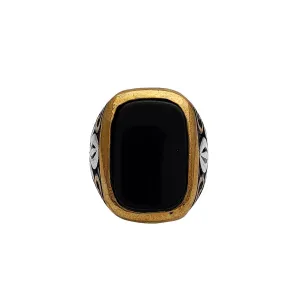 Black Onyx Flower Textured Antique-Finish Men's Ring (Silver)