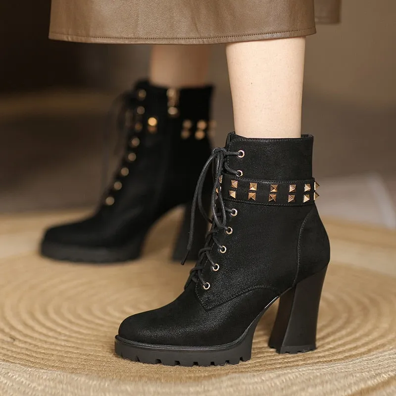Black Spring Autumn Women Ankle Boots Cross-tied Super high heel Round Toe Fashion Rivets Zipper Platform Boots