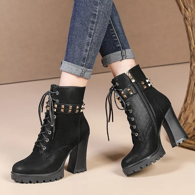 Black Spring Autumn Women Ankle Boots Cross-tied Super high heel Round Toe Fashion Rivets Zipper Platform Boots