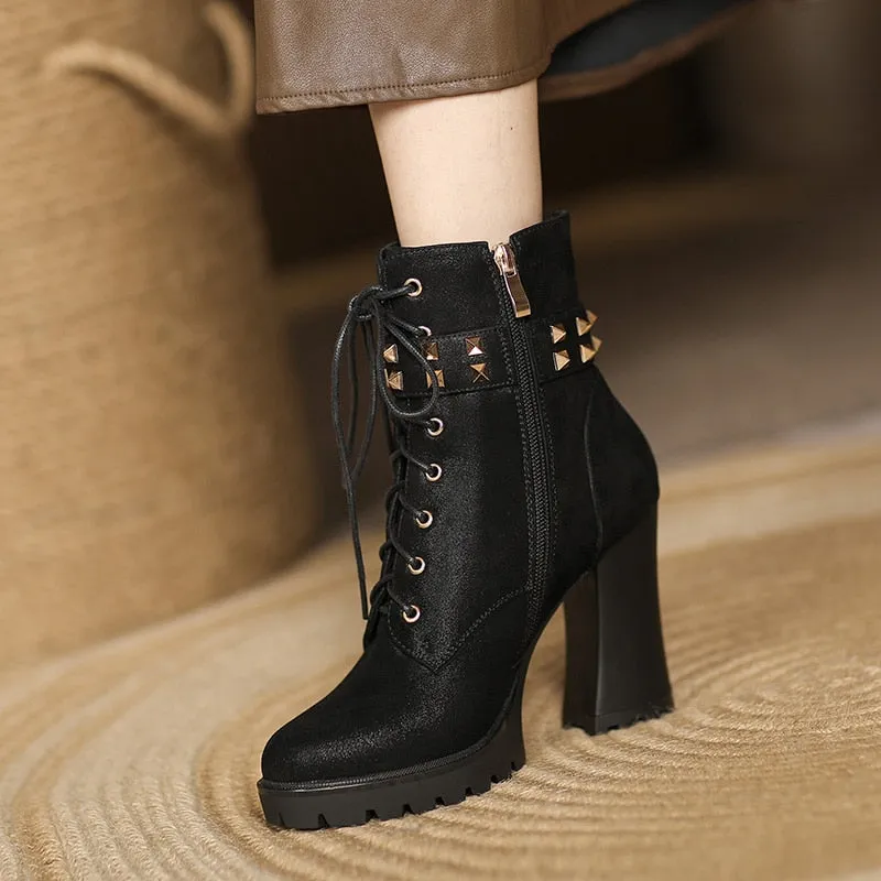 Black Spring Autumn Women Ankle Boots Cross-tied Super high heel Round Toe Fashion Rivets Zipper Platform Boots