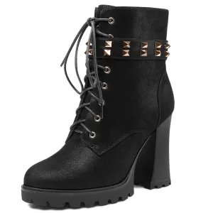 Black Spring Autumn Women Ankle Boots Cross-tied Super high heel Round Toe Fashion Rivets Zipper Platform Boots