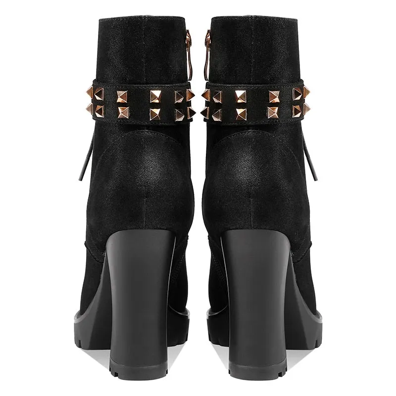 Black Spring Autumn Women Ankle Boots Cross-tied Super high heel Round Toe Fashion Rivets Zipper Platform Boots