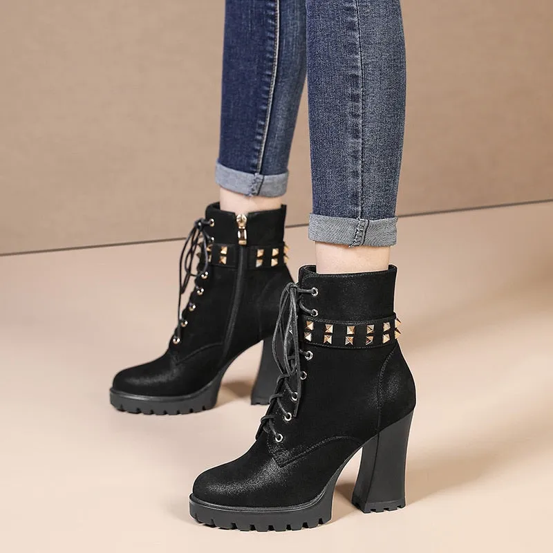 Black Spring Autumn Women Ankle Boots Cross-tied Super high heel Round Toe Fashion Rivets Zipper Platform Boots