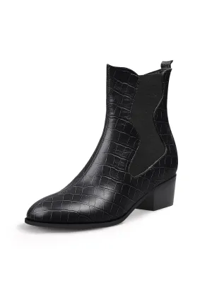 Block Heel Croc Pattern Leather Chelsea Bootie - Black
