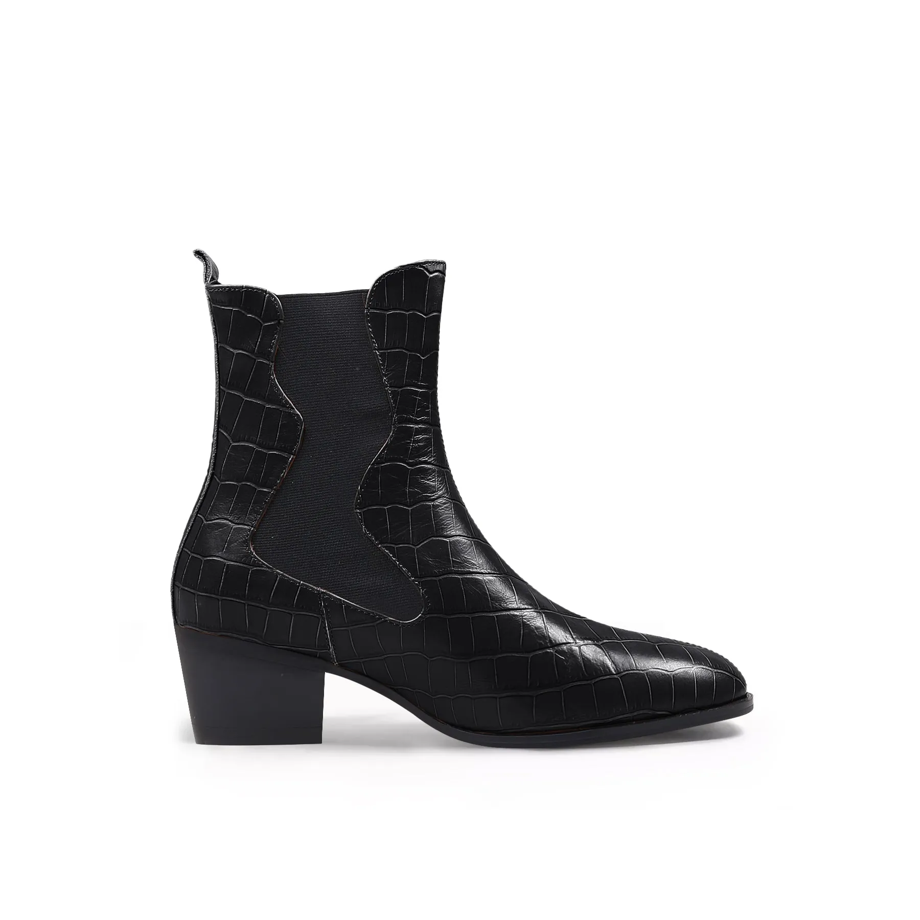 Block Heel Croc Pattern Leather Chelsea Bootie - Black
