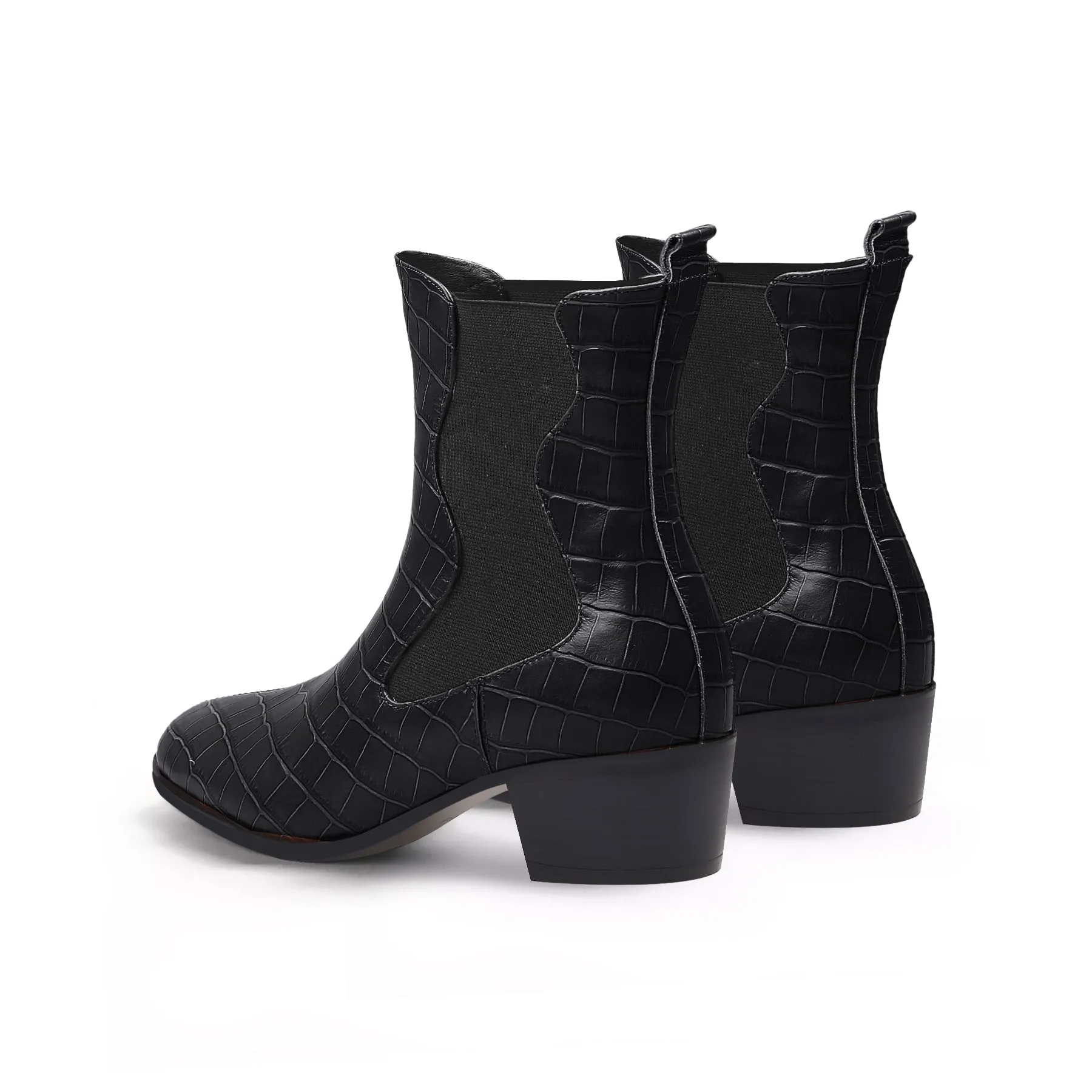 Block Heel Croc Pattern Leather Chelsea Bootie - Black