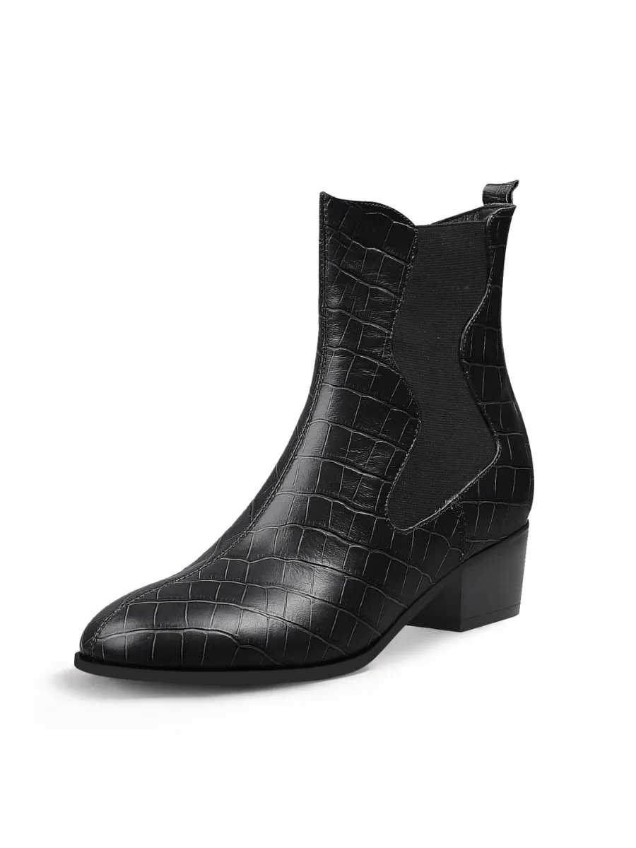 Block Heel Croc Pattern Leather Chelsea Bootie - Black
