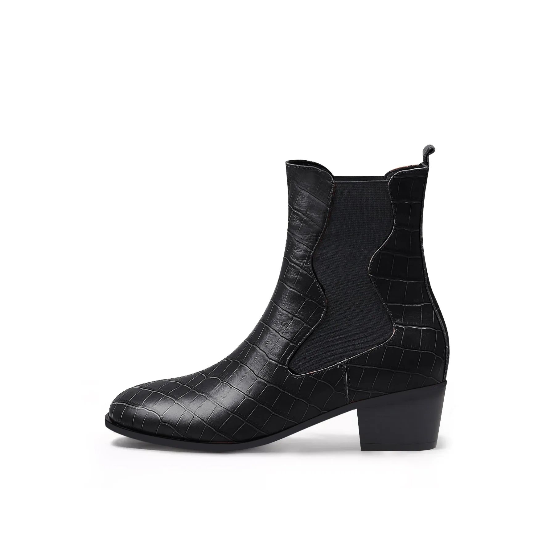 Block Heel Croc Pattern Leather Chelsea Bootie - Black