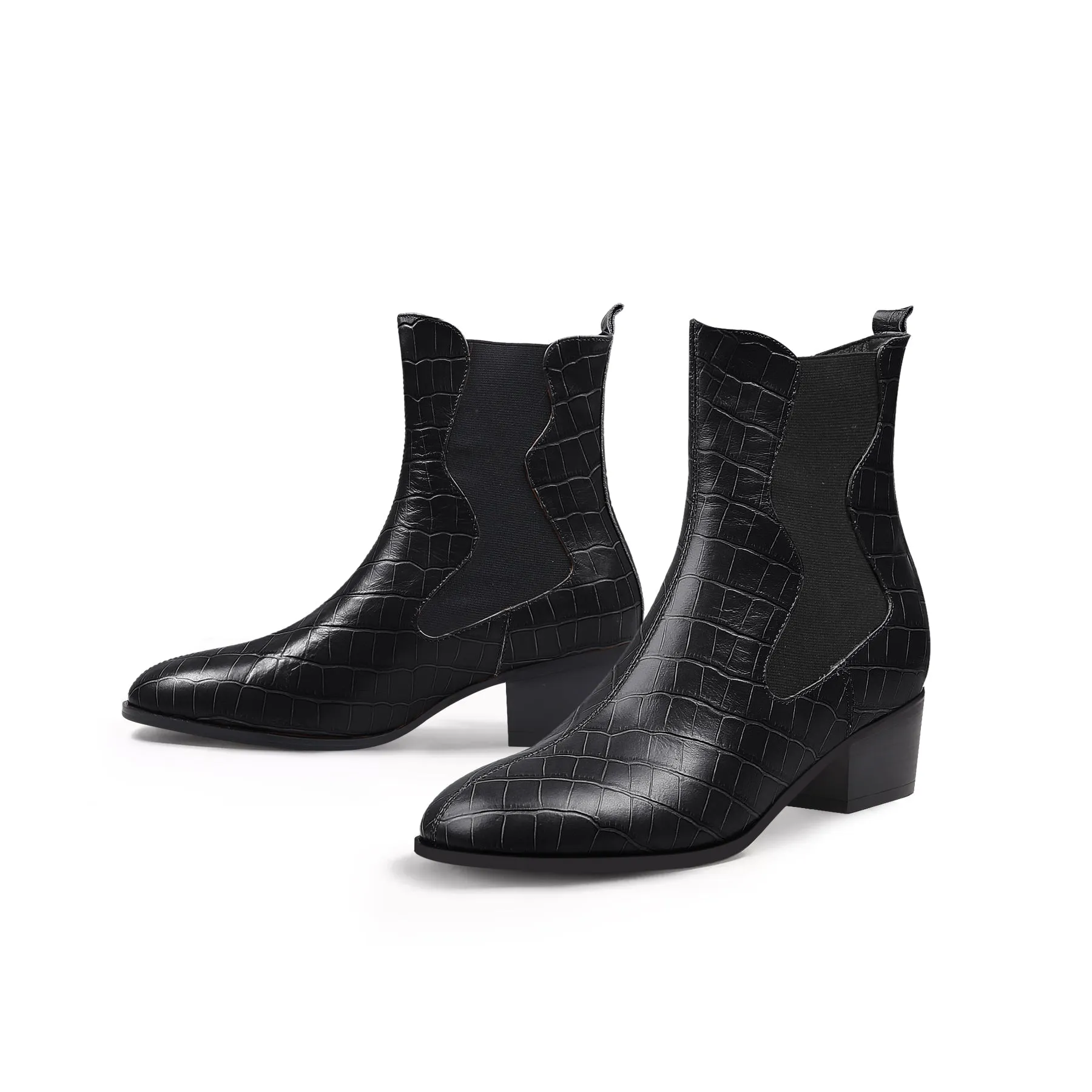 Block Heel Croc Pattern Leather Chelsea Bootie - Black