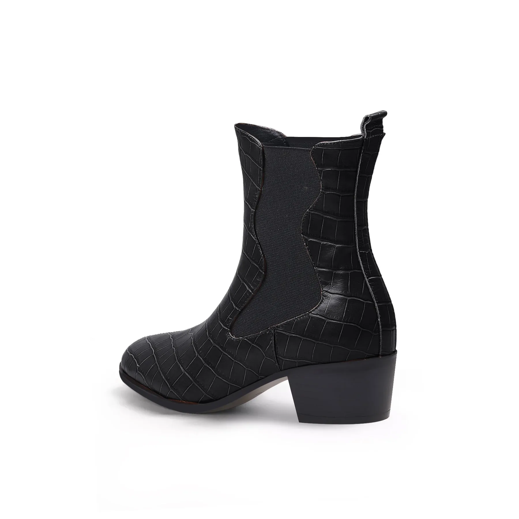Block Heel Croc Pattern Leather Chelsea Bootie - Black