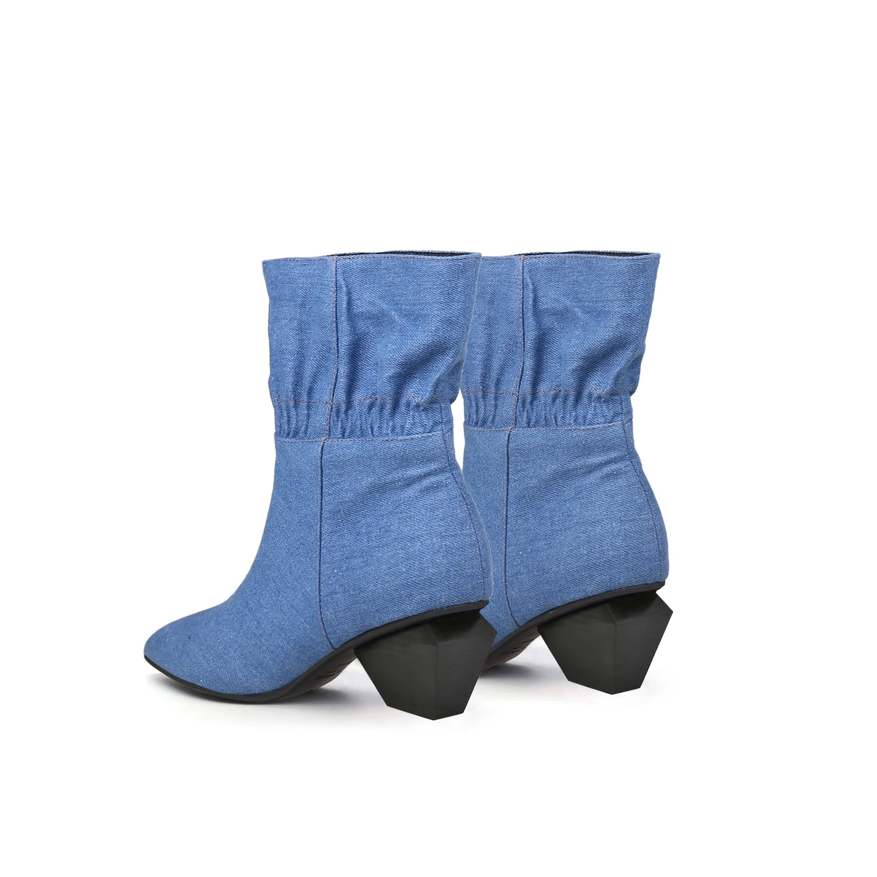 Block Heel Ruffle Ankle Denim Boots