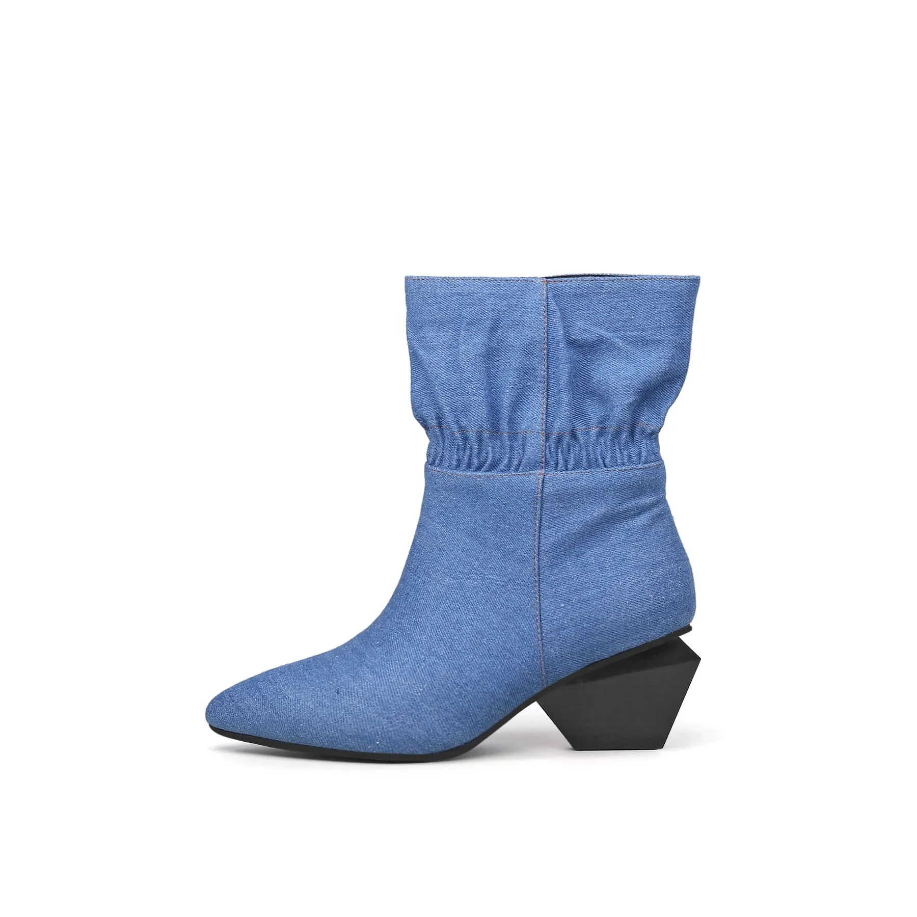 Block Heel Ruffle Ankle Denim Boots