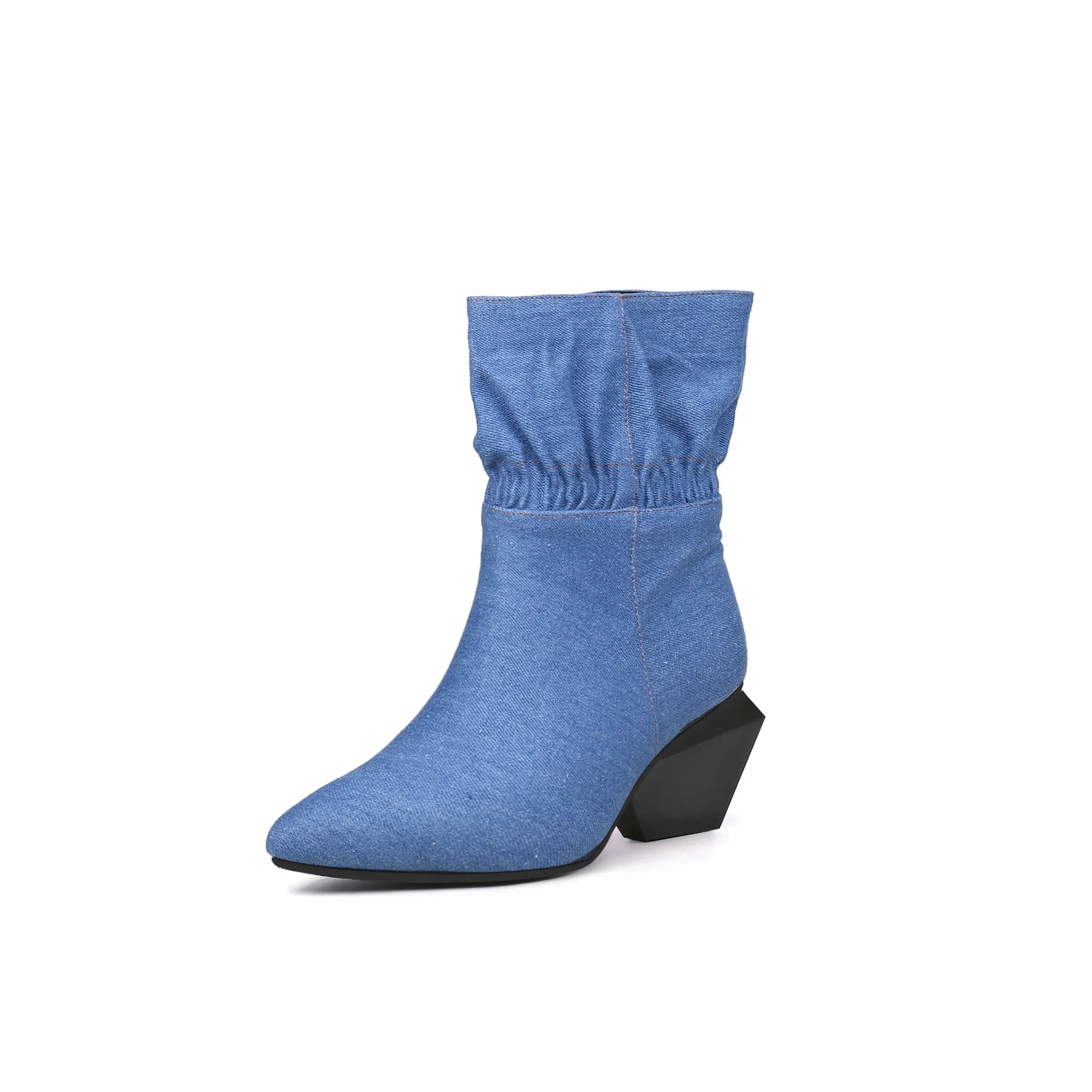 Block Heel Ruffle Ankle Denim Boots