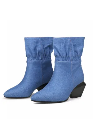 Block Heel Ruffle Ankle Denim Boots