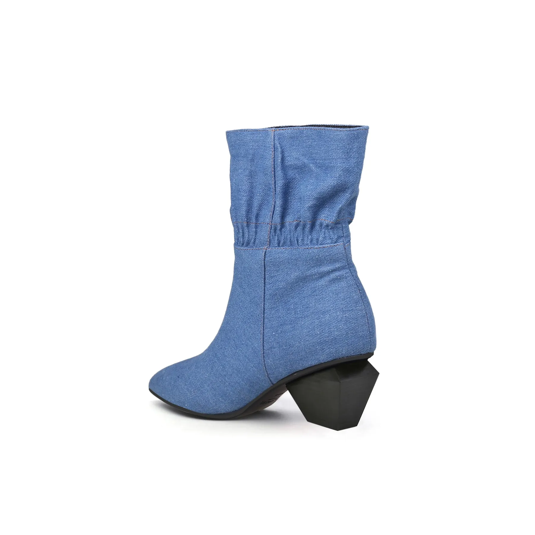 Block Heel Ruffle Ankle Denim Boots