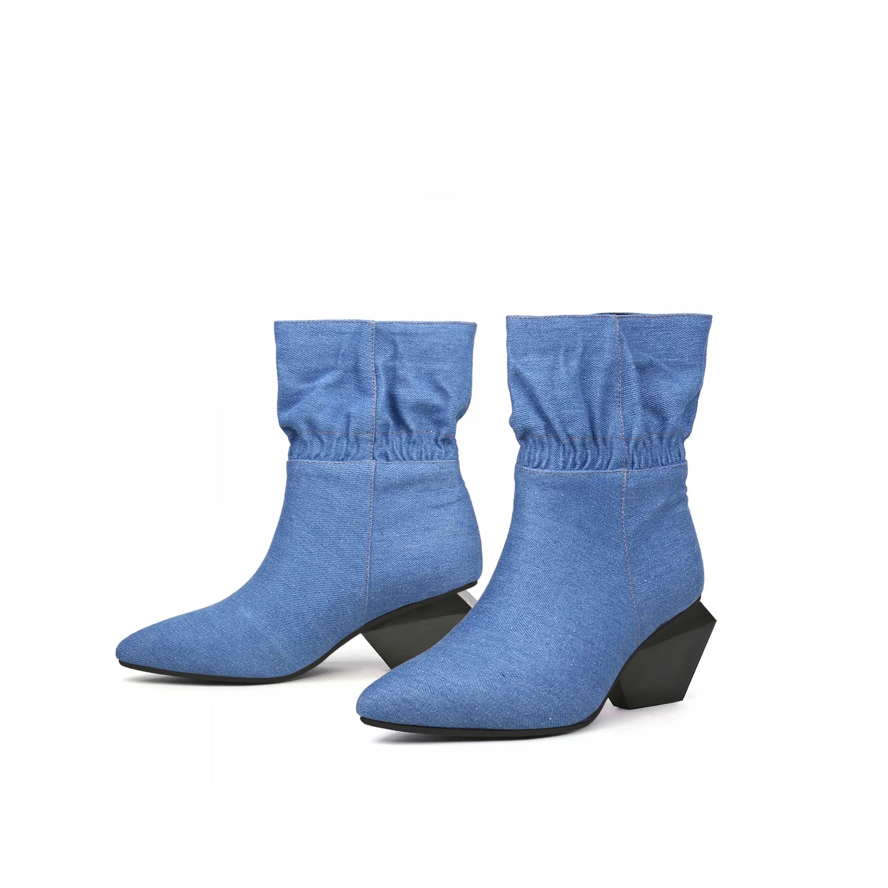 Block Heel Ruffle Ankle Denim Boots