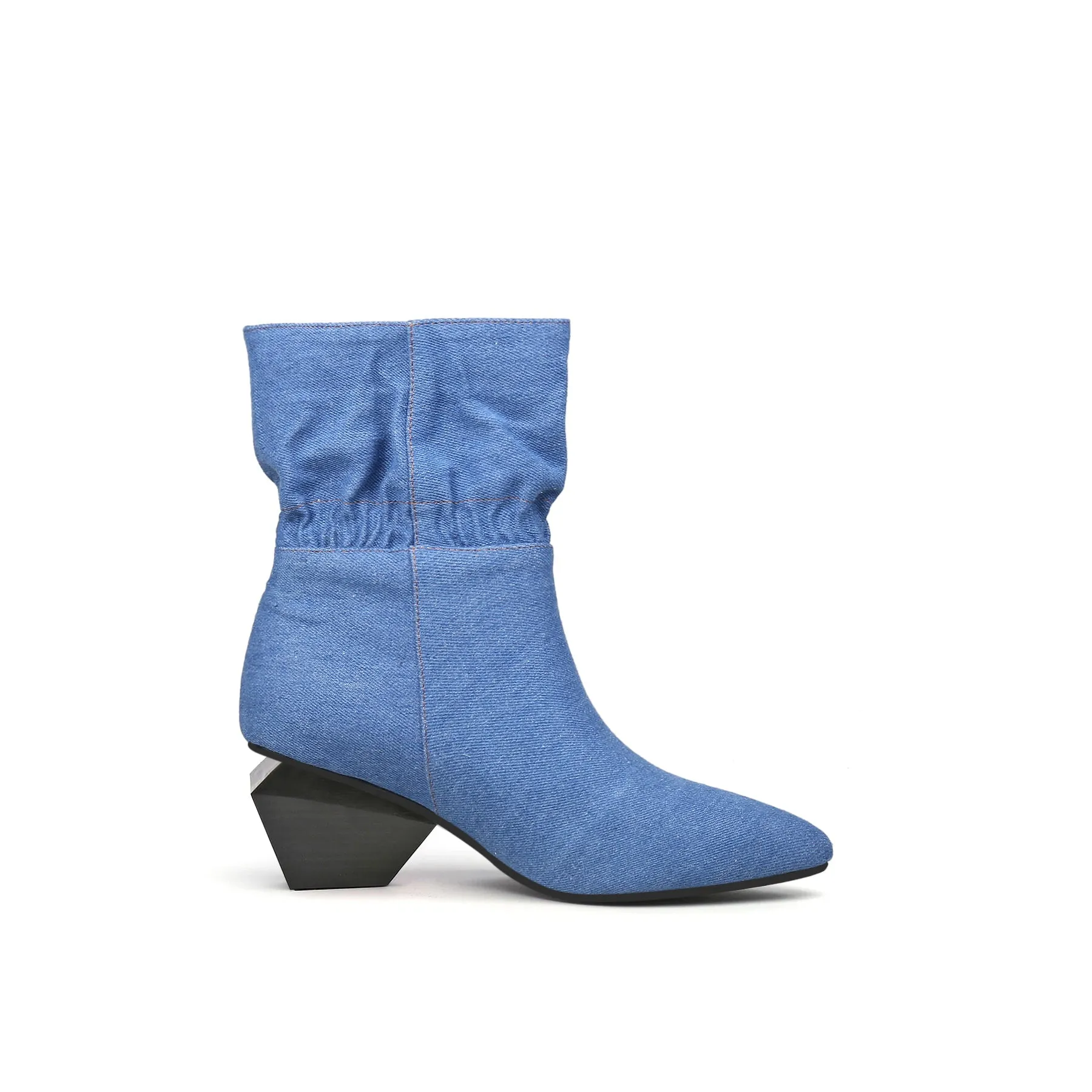 Block Heel Ruffle Ankle Denim Boots