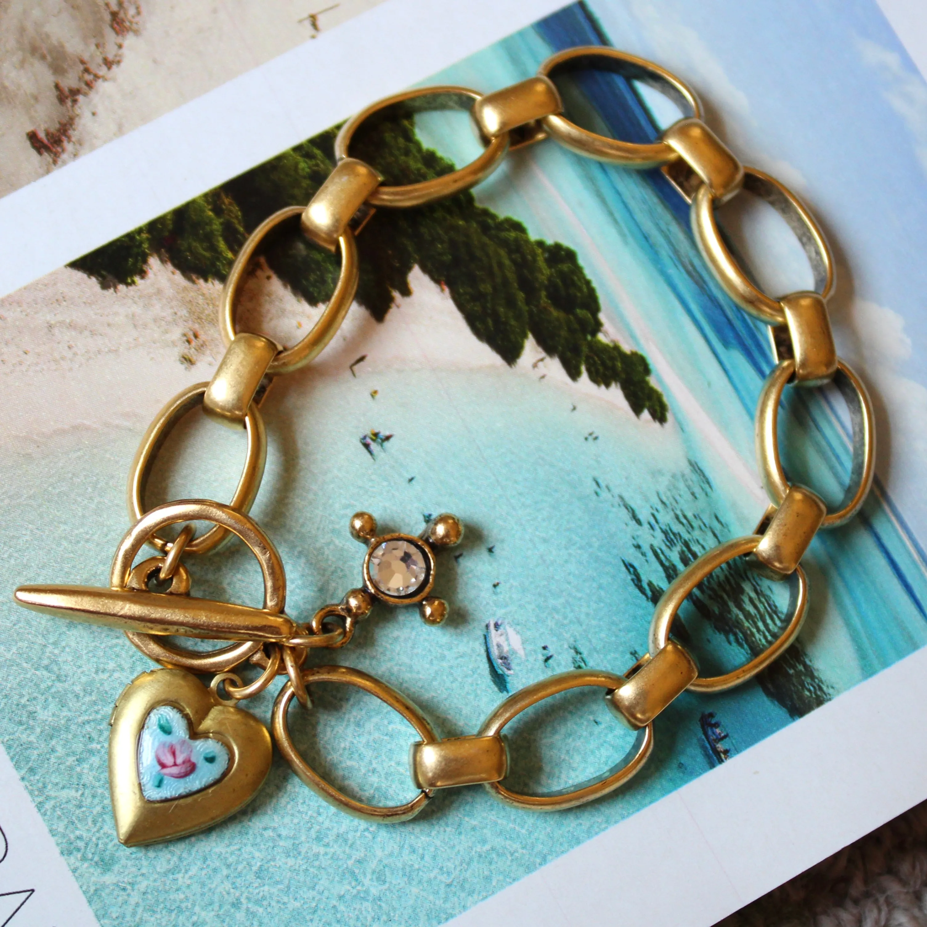 Blue Guilloche Heart Locket Charm Bracelet