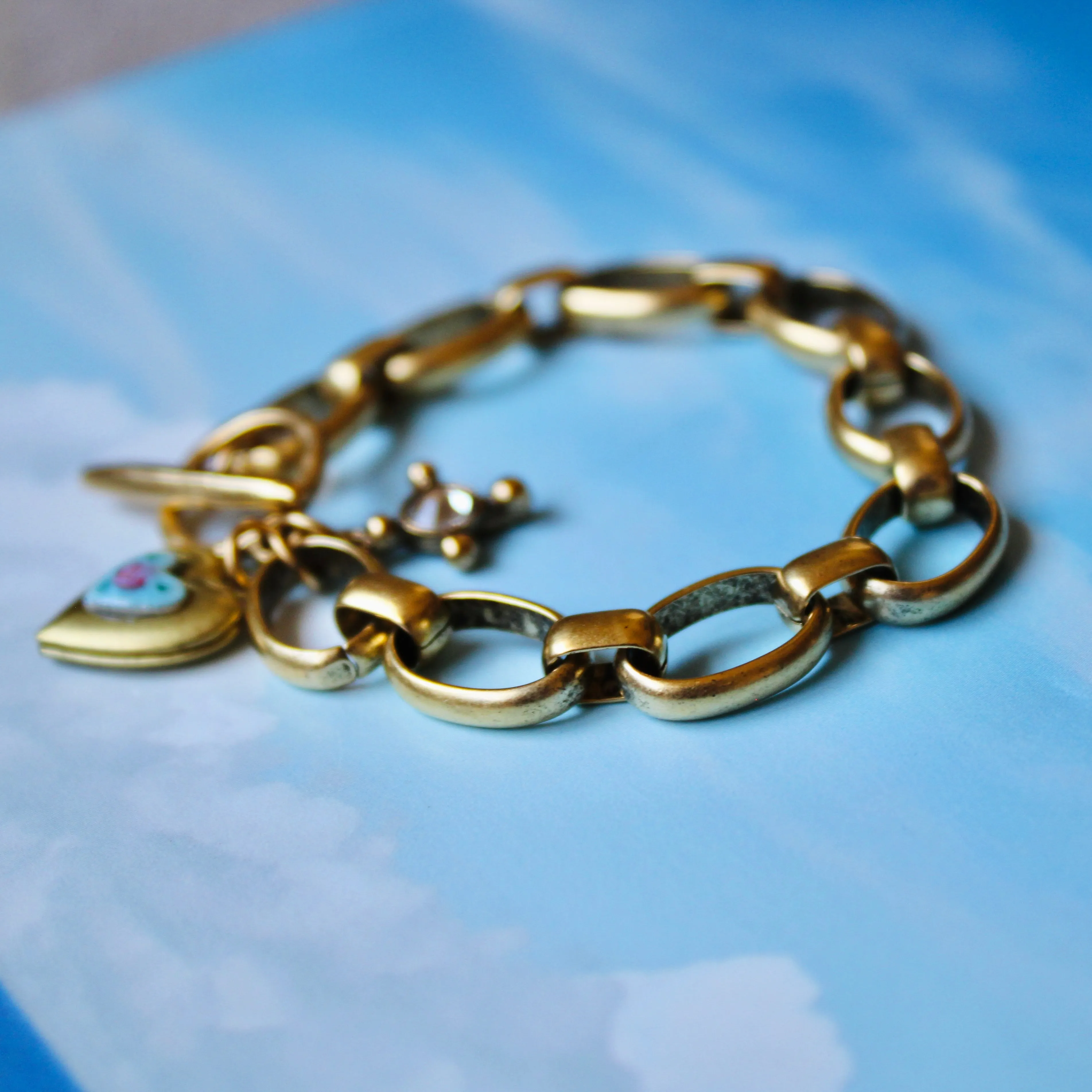 Blue Guilloche Heart Locket Charm Bracelet