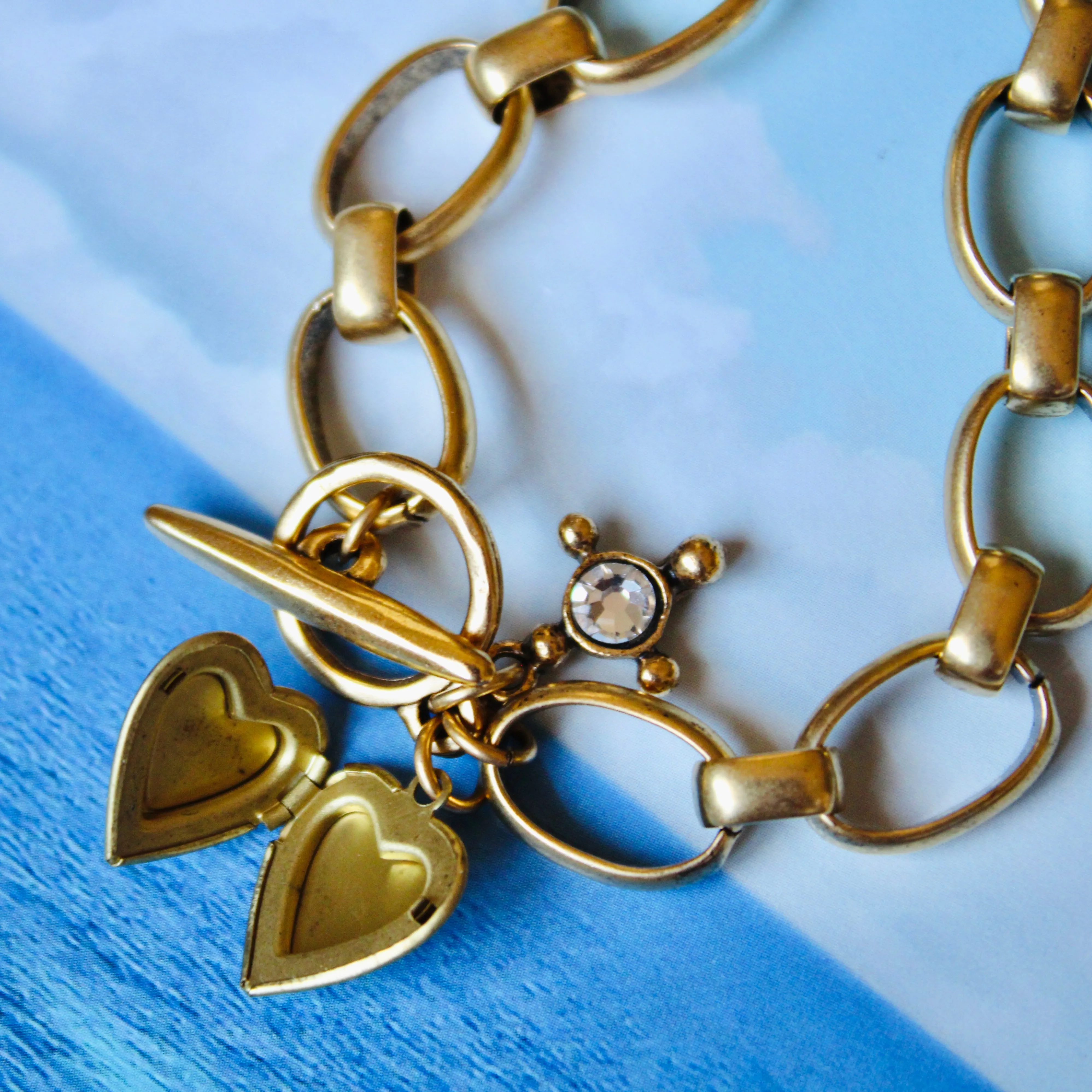 Blue Guilloche Heart Locket Charm Bracelet