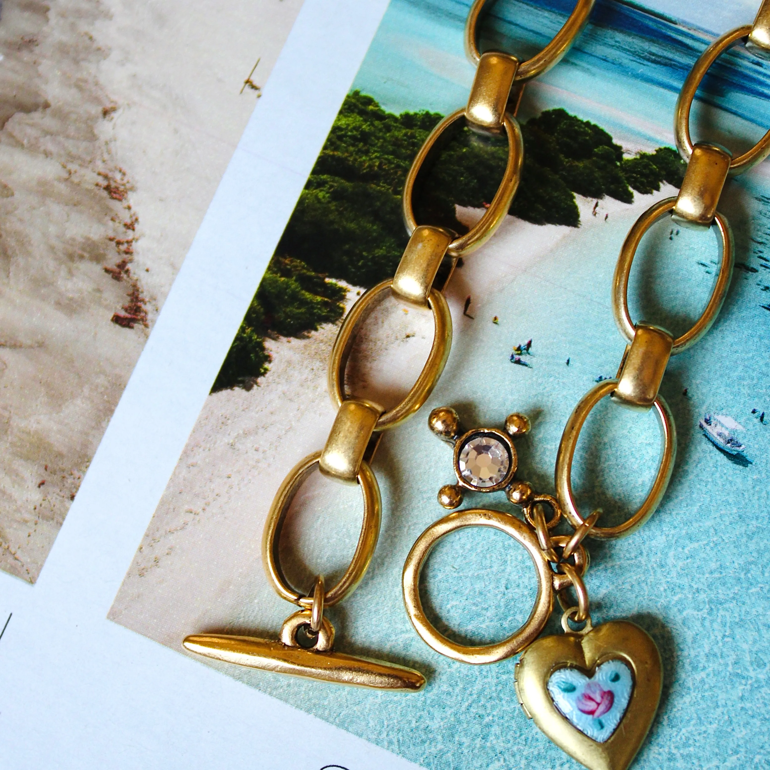 Blue Guilloche Heart Locket Charm Bracelet