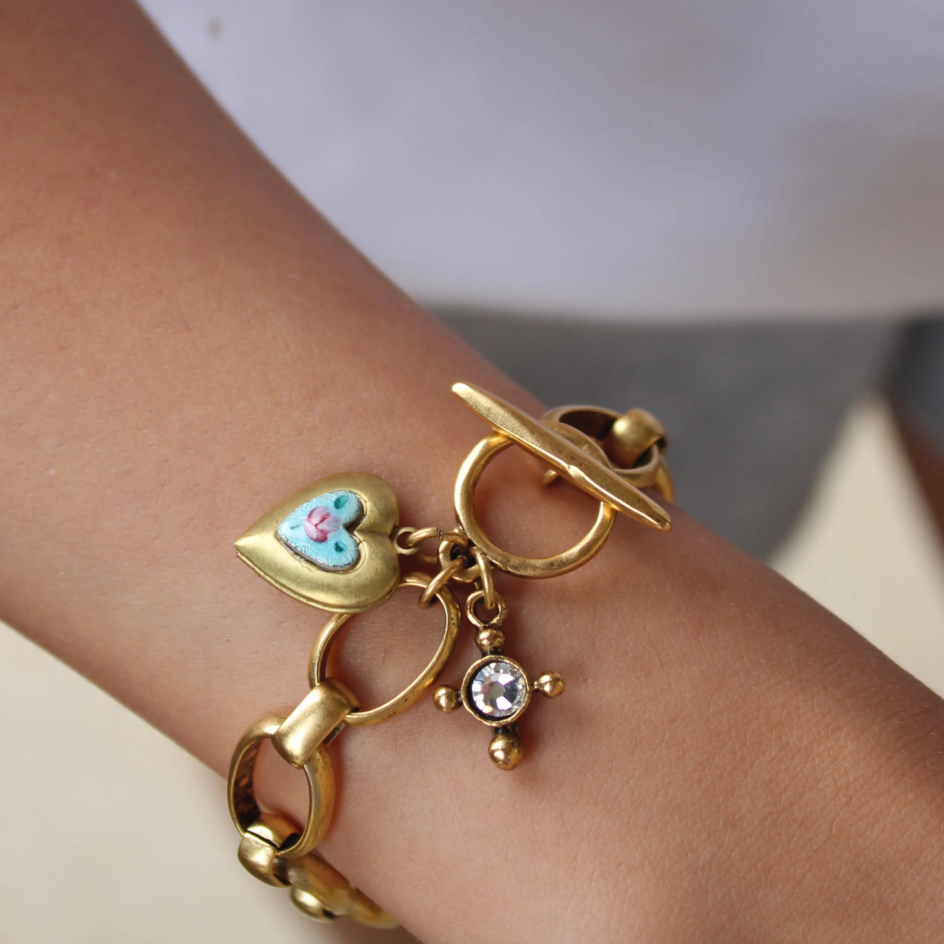 Blue Guilloche Heart Locket Charm Bracelet