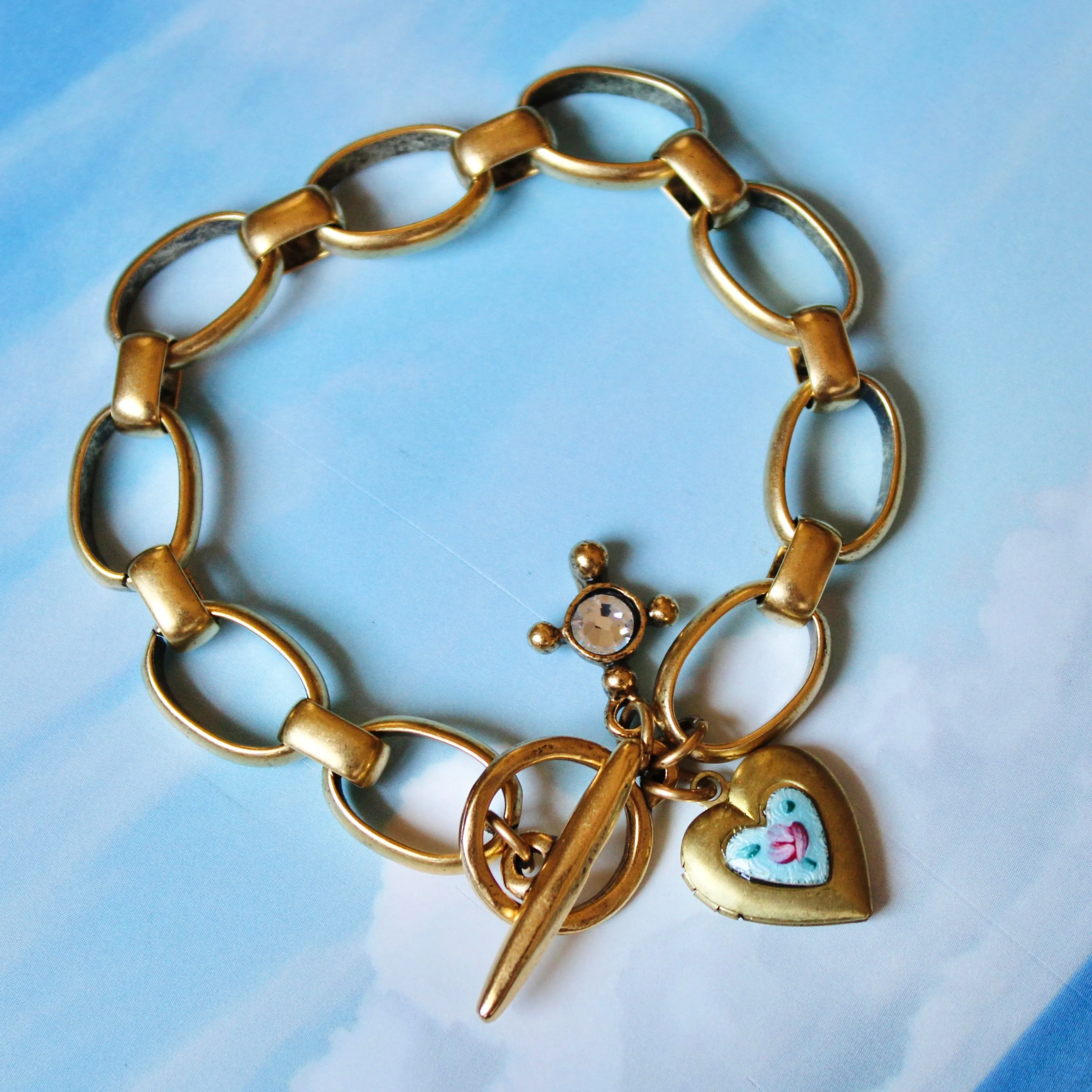 Blue Guilloche Heart Locket Charm Bracelet