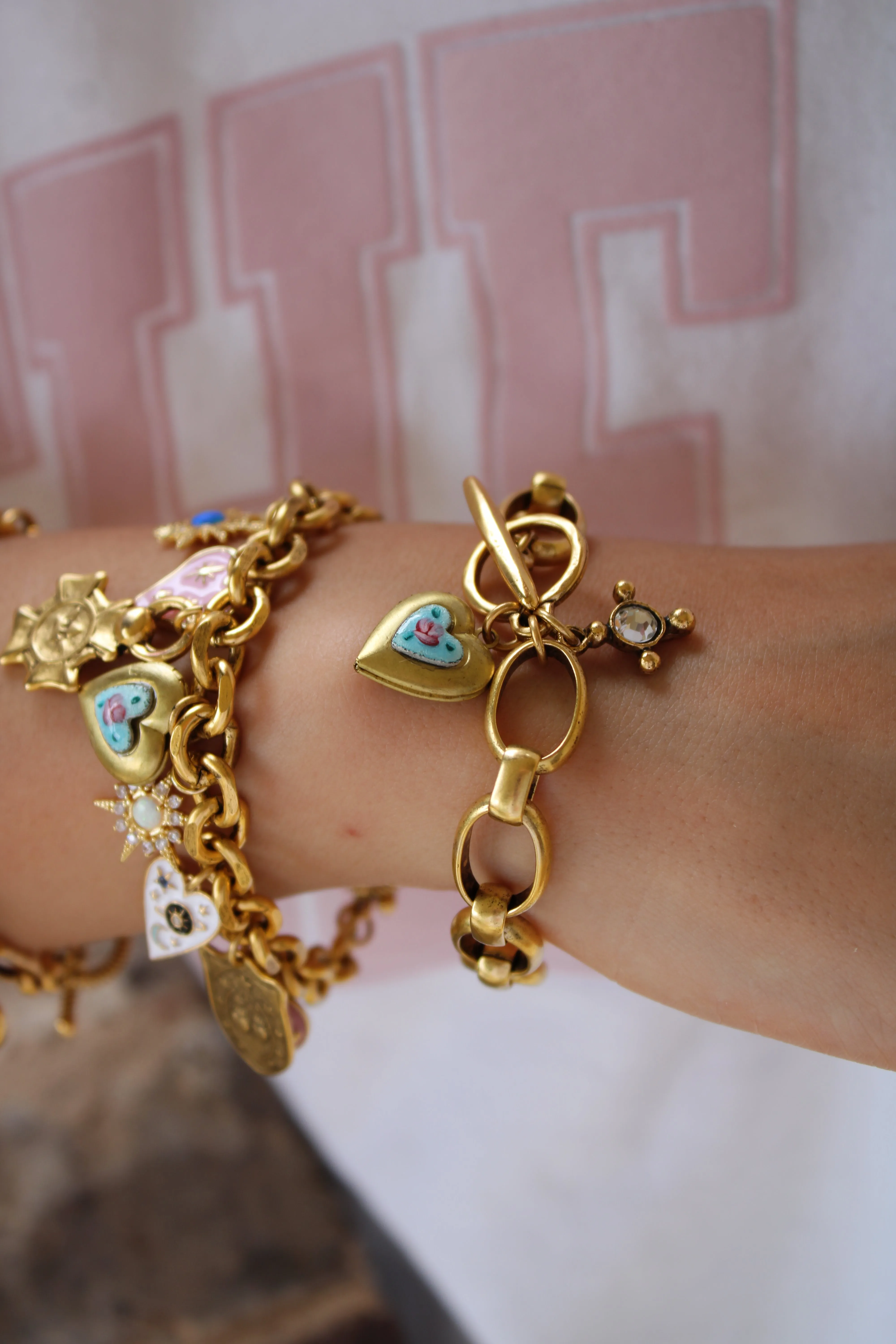 Blue Guilloche Heart Locket Charm Bracelet