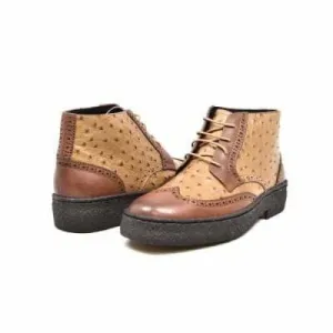 British Walkers Playboy Wingtip Men's Tan and Cognac Ostrich Leather High Tops Ankle Boots