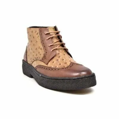British Walkers Playboy Wingtip Men's Tan and Cognac Ostrich Leather High Tops Ankle Boots
