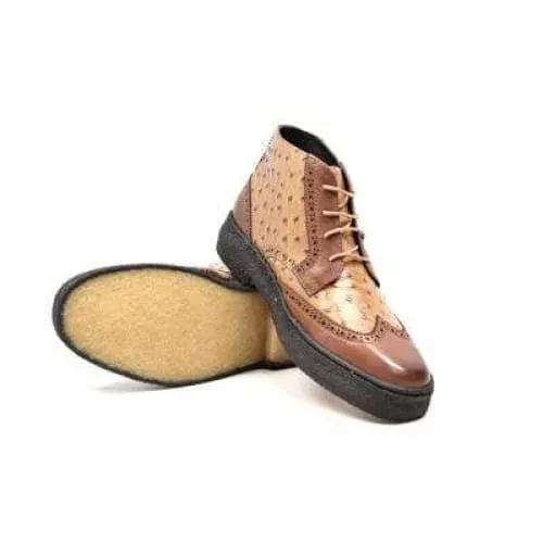 British Walkers Playboy Wingtip Men's Tan and Cognac Ostrich Leather High Tops Ankle Boots