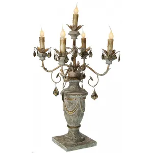 Carved Wood Antique Reproduction Candelabra Lamp with Blue/Gray distressed finish