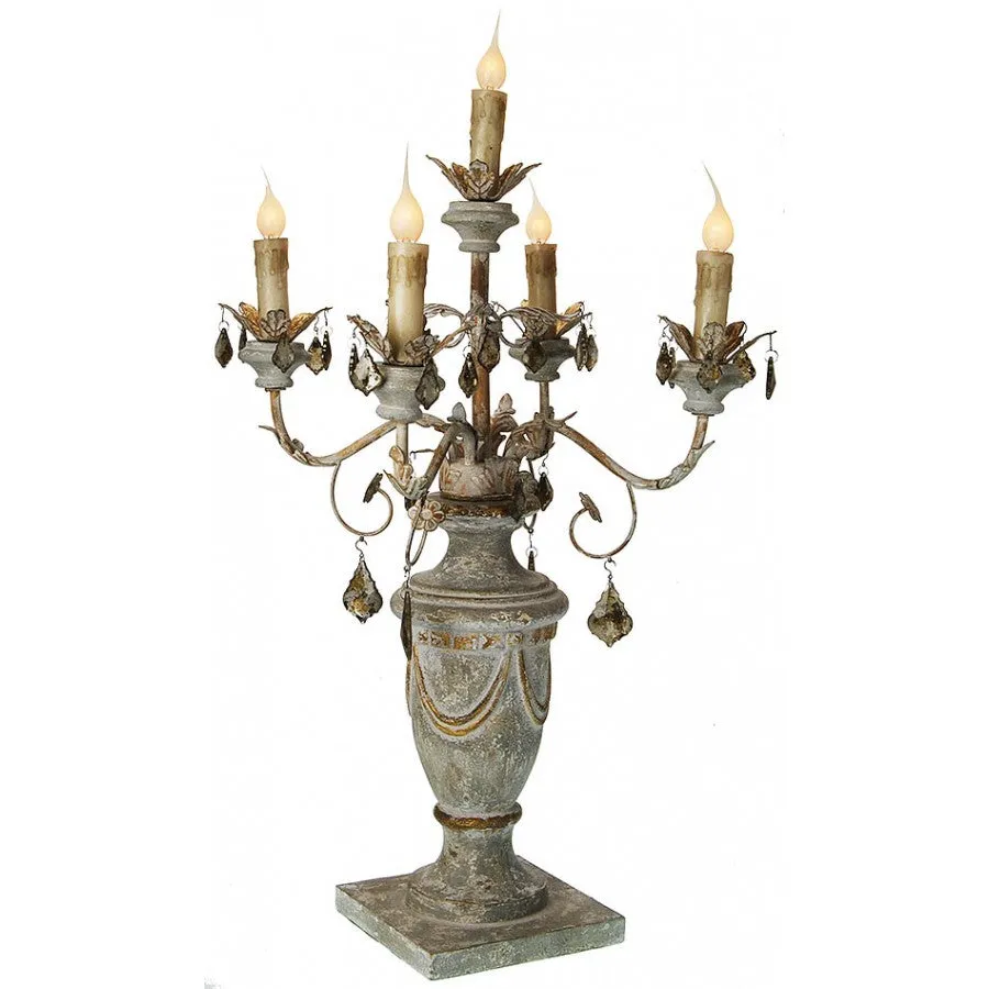 Carved Wood Antique Reproduction Candelabra Lamp with Blue/Gray distressed finish