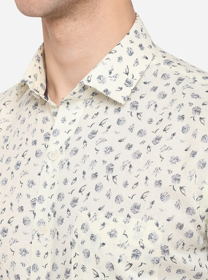 Cream & Blue Printed Regular Fit Formal Shirt | Greenfibre