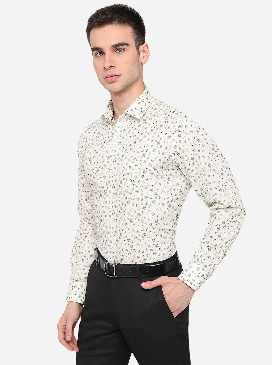 Cream & Blue Printed Regular Fit Formal Shirt | Greenfibre