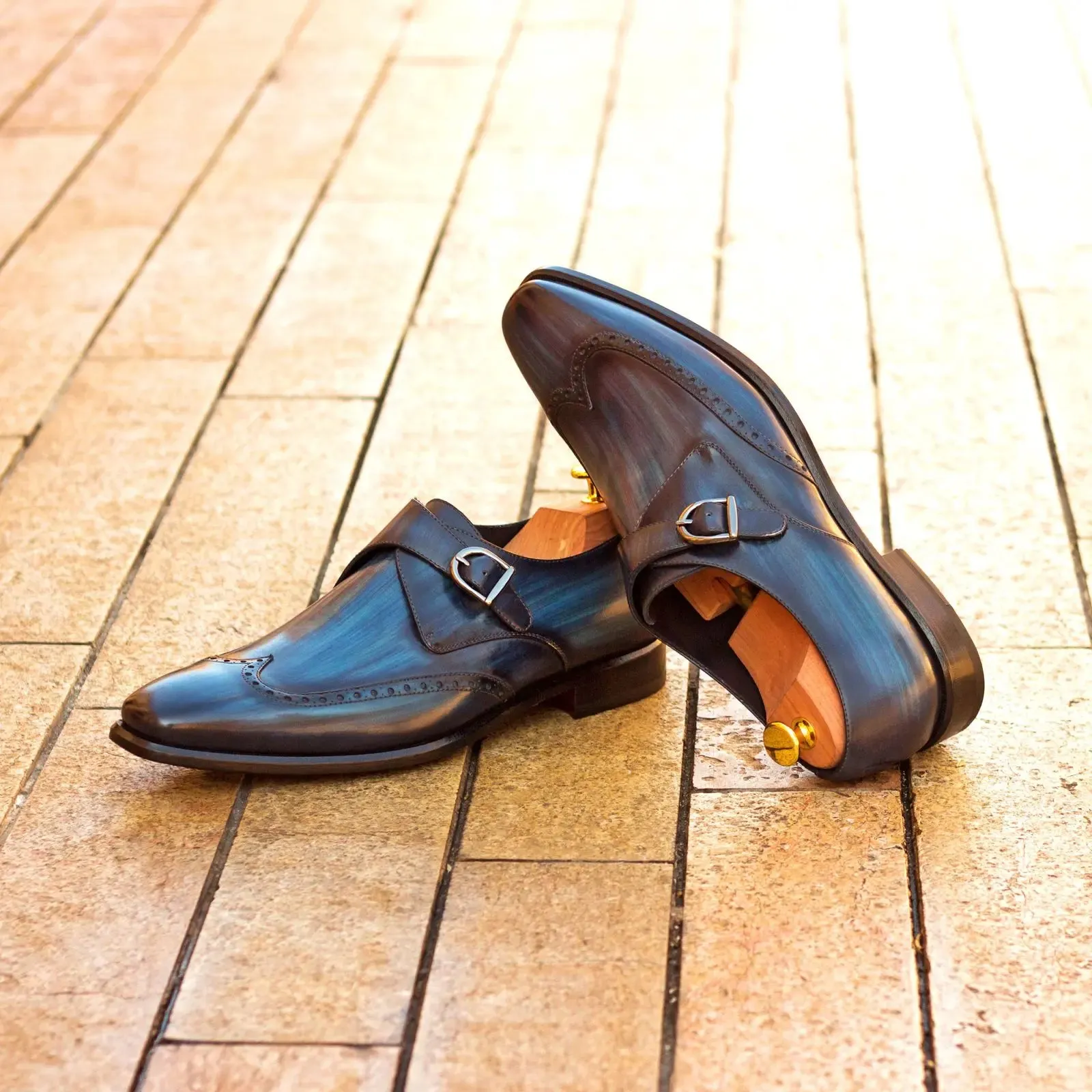 DapperFam Brenno in Denim Men's Hand-Painted Patina Single Monk