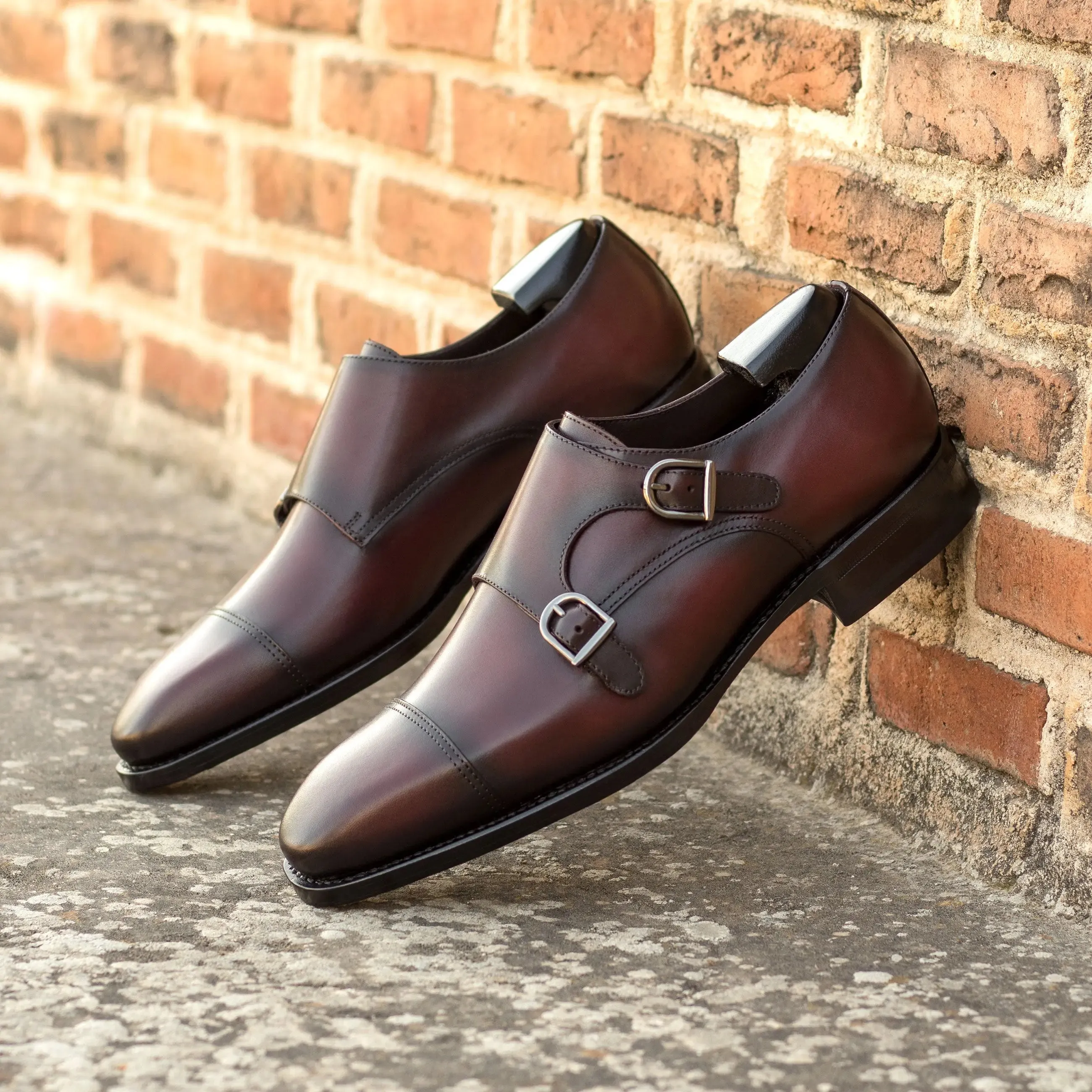 DapperFam Monaco in Burgundy Men's Italian Leather Double Monk