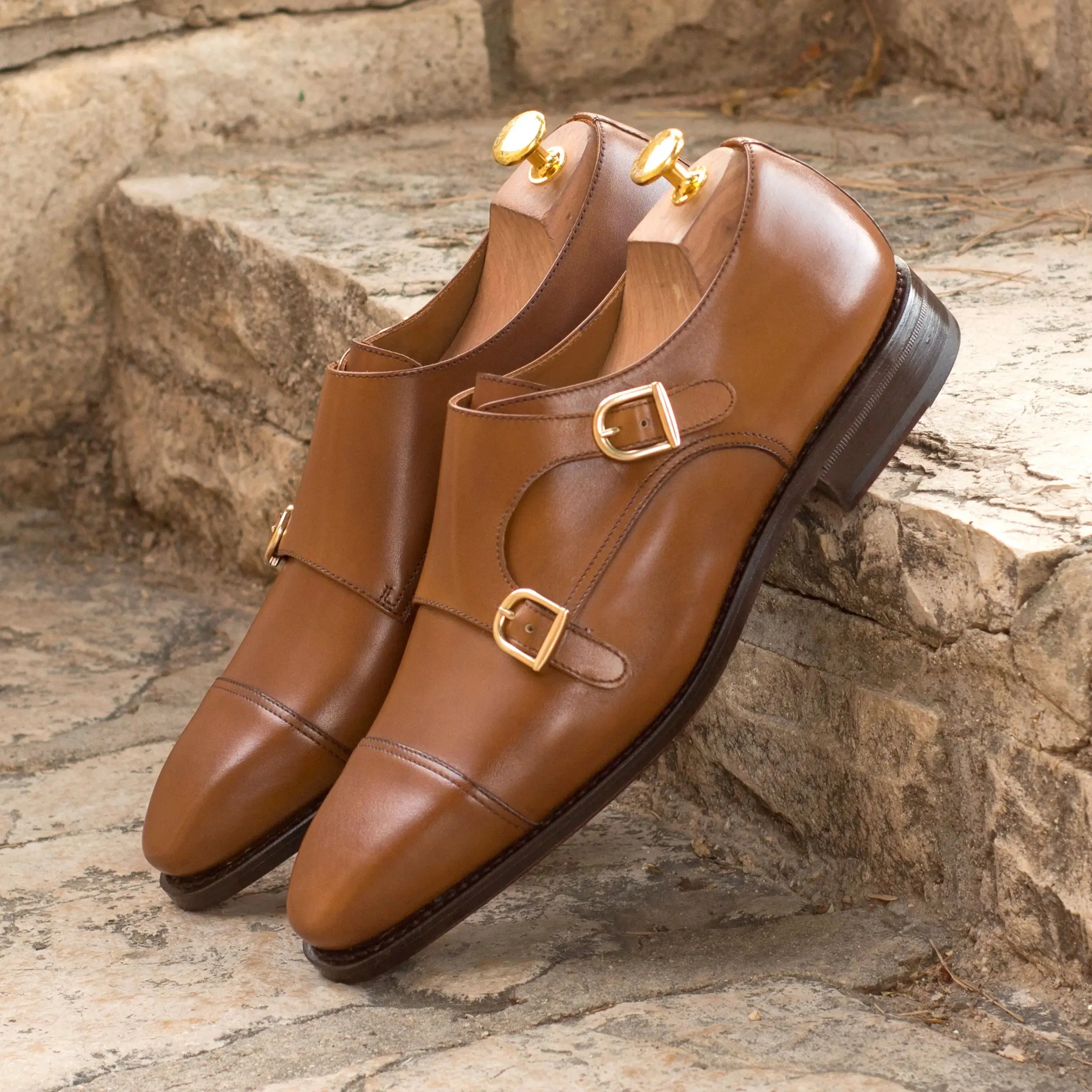 DapperFam Monaco in Cognac Men's Italian Leather Double Monk
