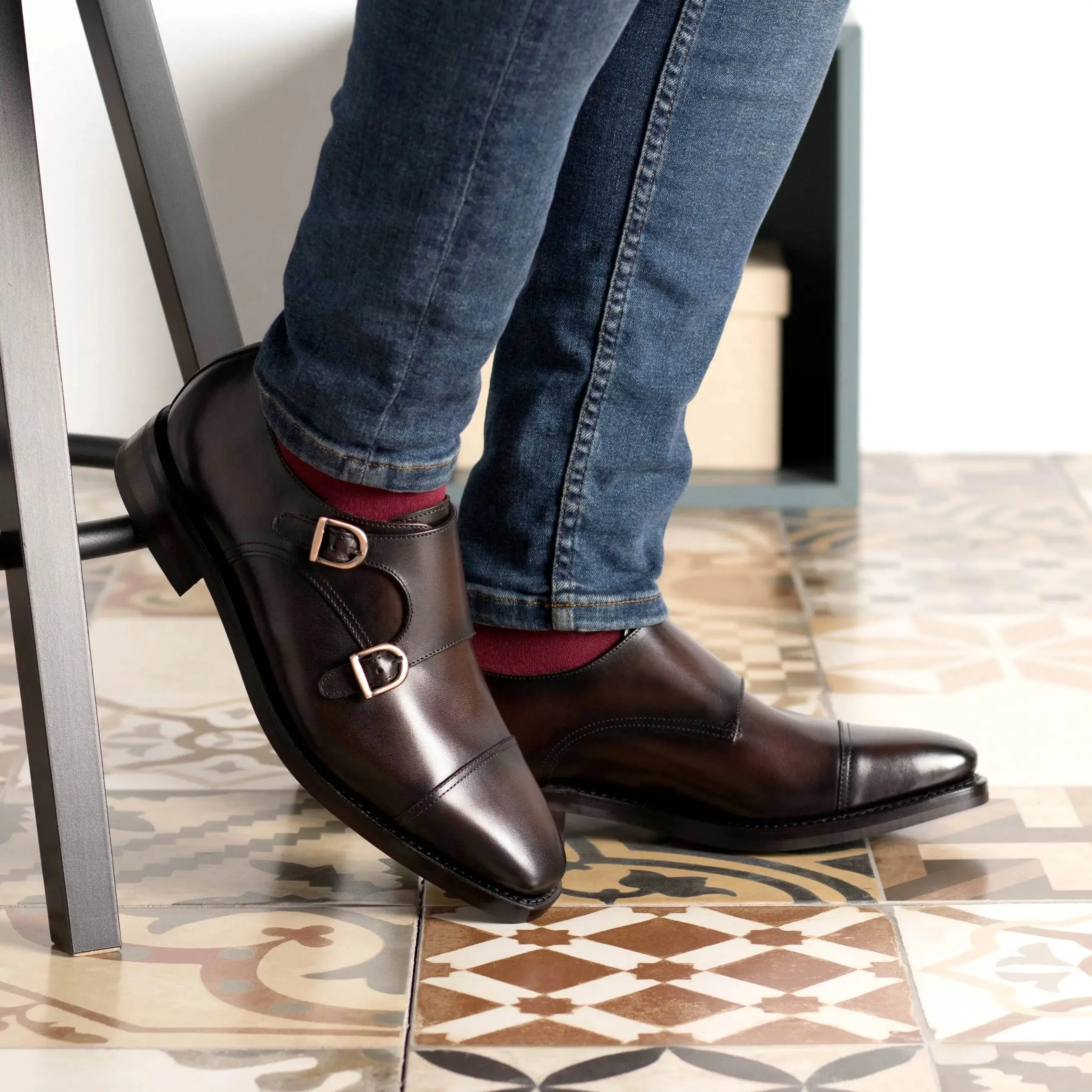 DapperFam Monaco in Dark Brown Men's Italian Leather Double Monk