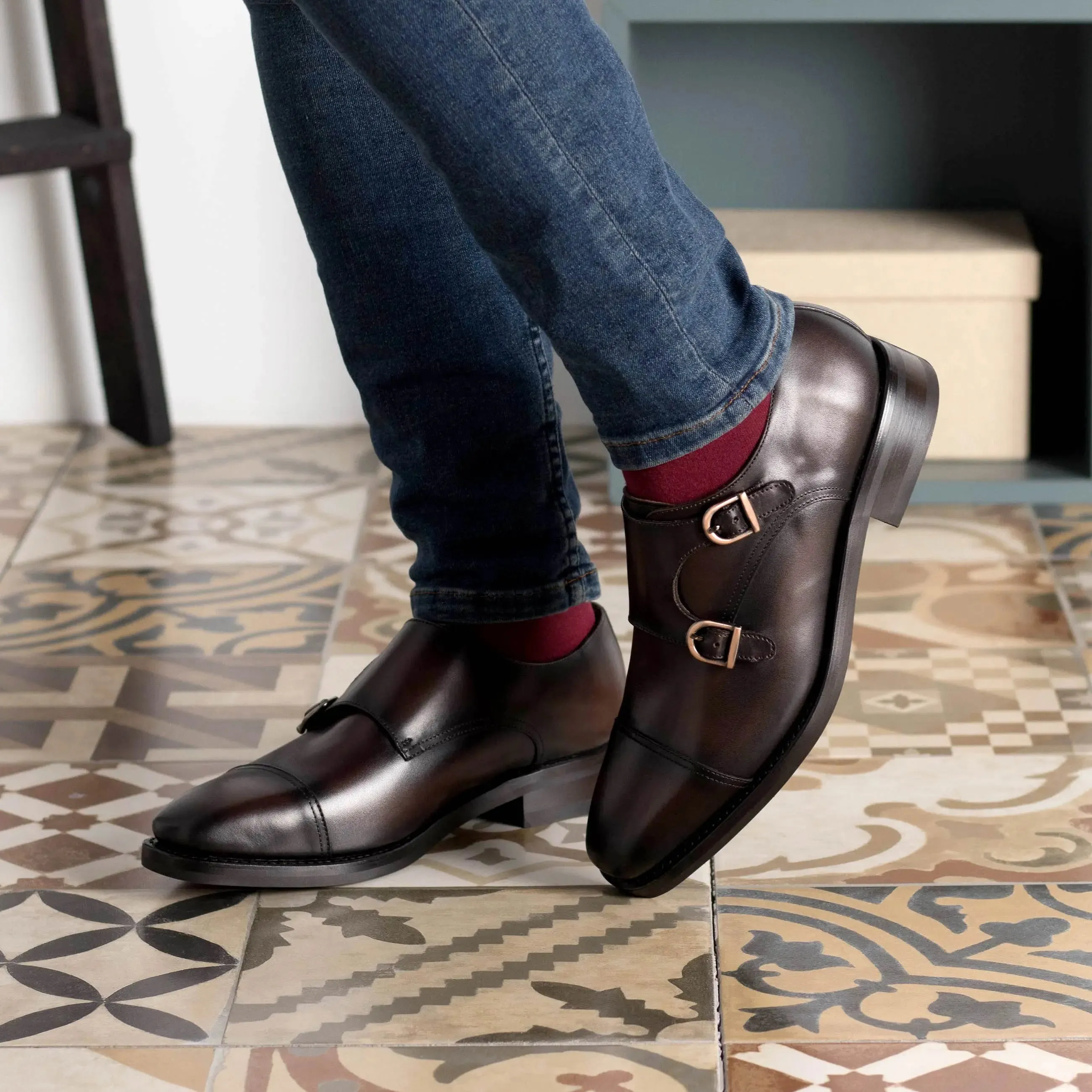 DapperFam Monaco in Dark Brown Men's Italian Leather Double Monk