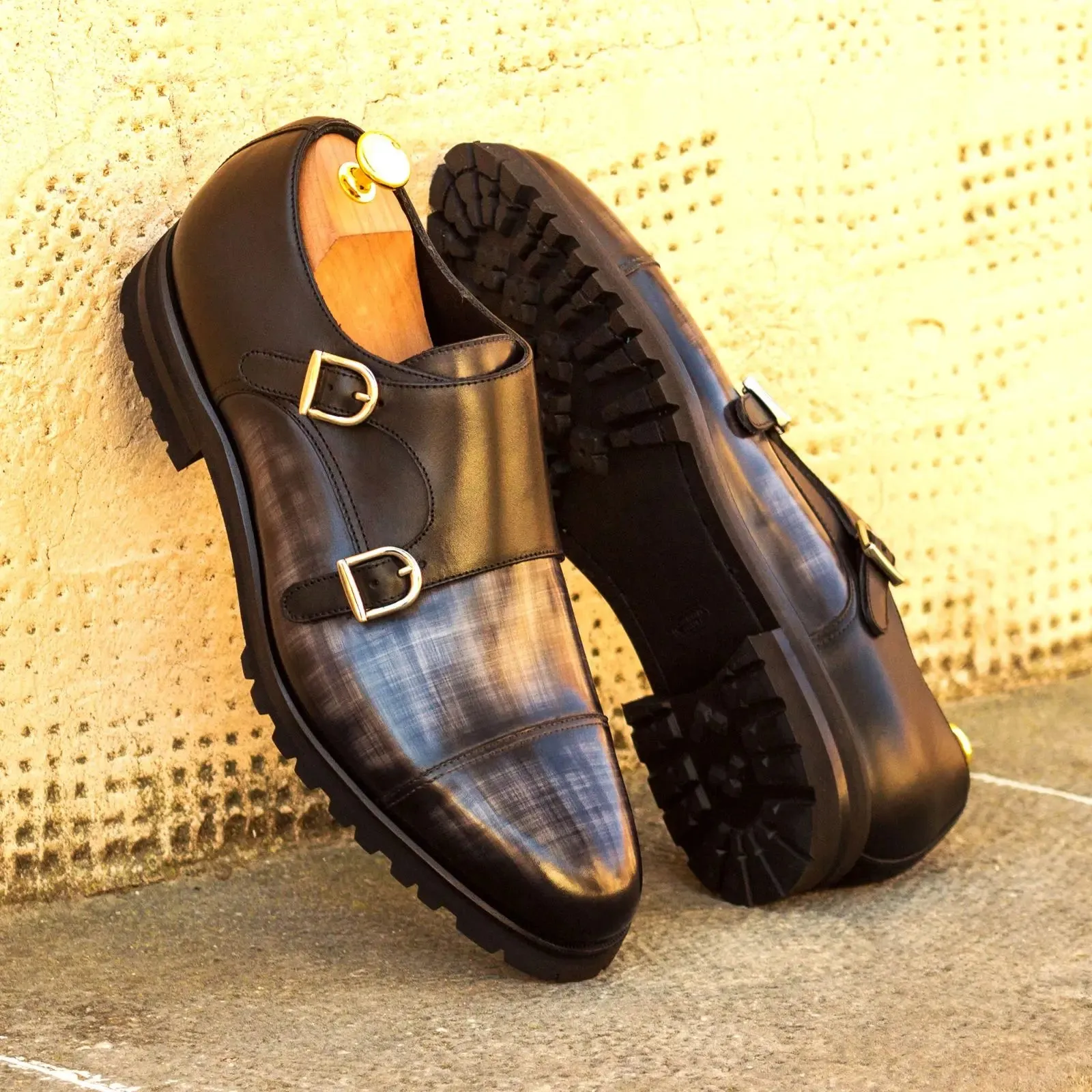 DapperFam Monaco in Grey / Black Men's Italian Leather & Hand-Painted Patina Double Monk