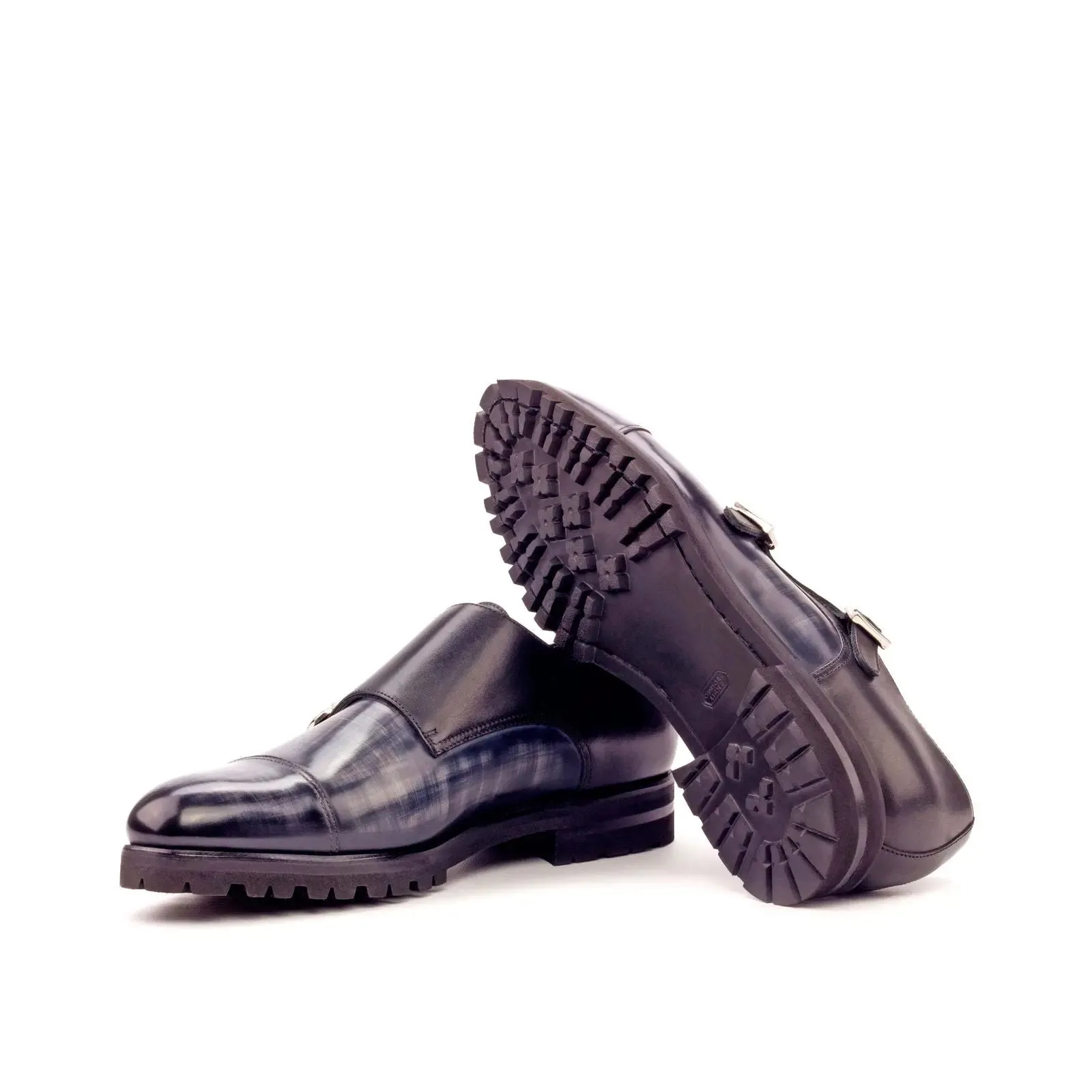 DapperFam Monaco in Grey / Black Men's Italian Leather & Hand-Painted Patina Double Monk