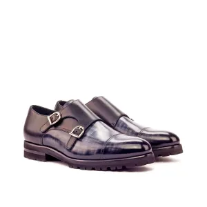 DapperFam Monaco in Grey / Black Men's Italian Leather & Hand-Painted Patina Double Monk