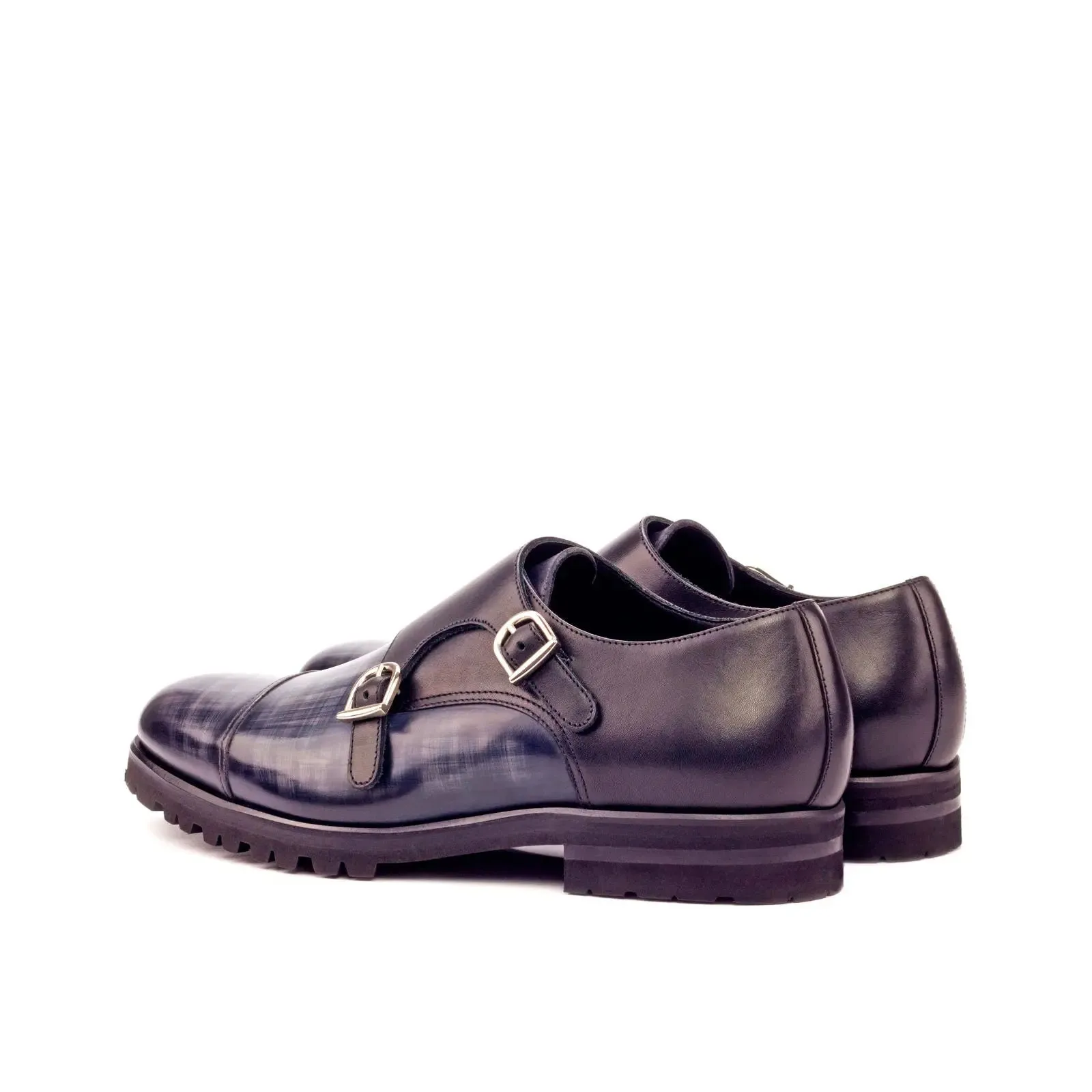 DapperFam Monaco in Grey / Black Men's Italian Leather & Hand-Painted Patina Double Monk