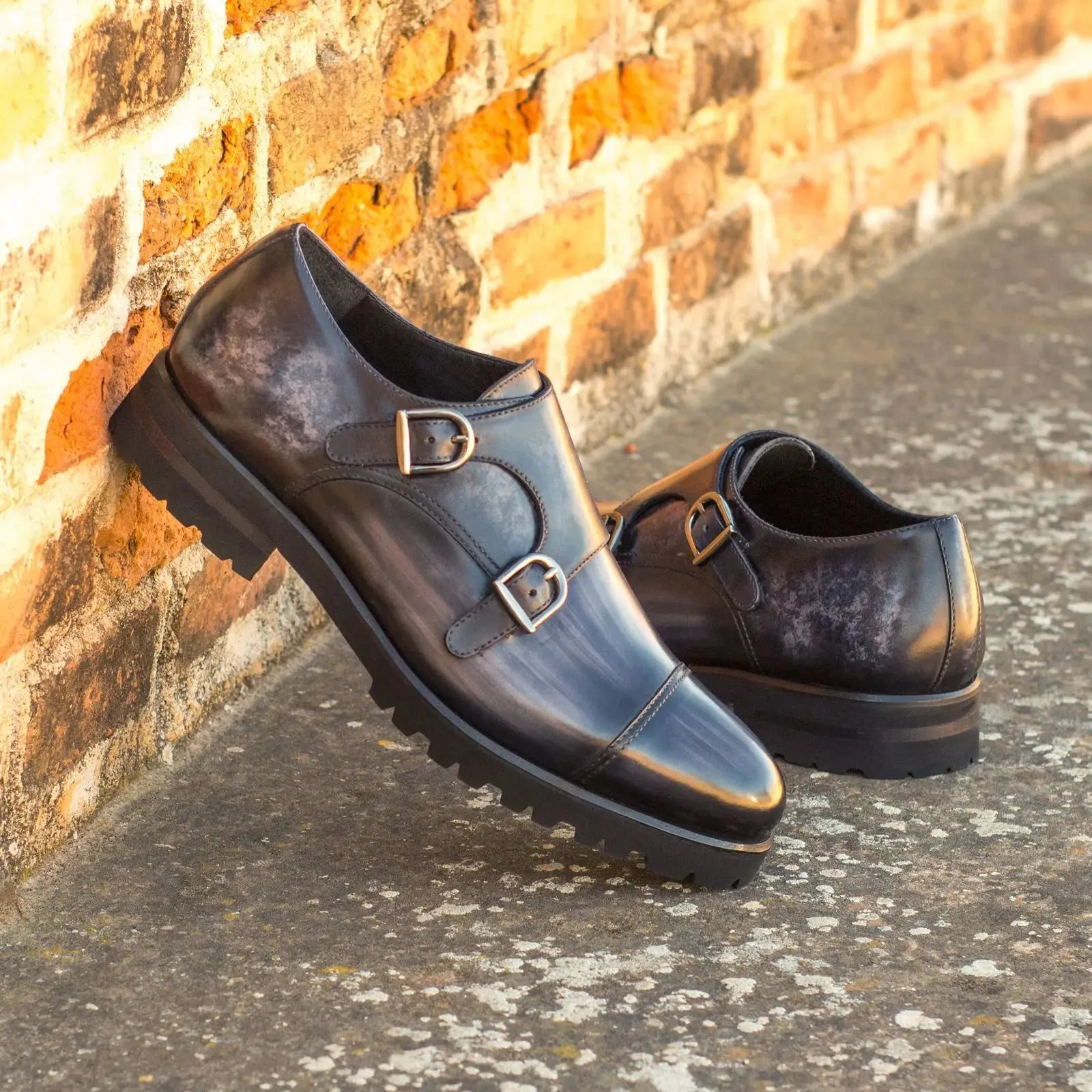 DapperFam Monaco in Grey Men's Hand-Painted Patina Double Monk