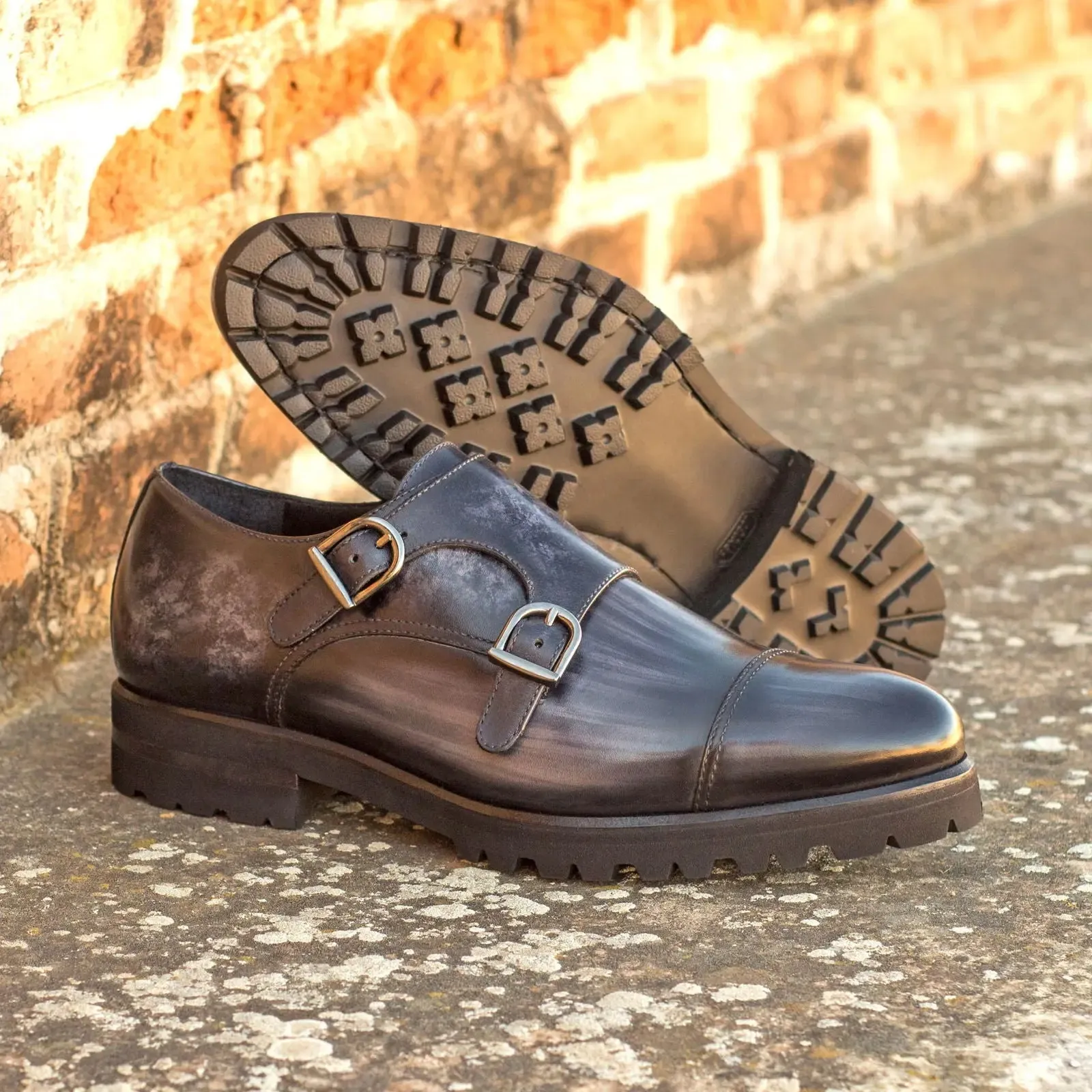 DapperFam Monaco in Grey Men's Hand-Painted Patina Double Monk