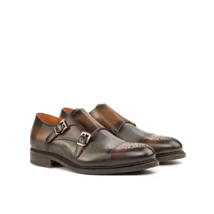 DapperFam Monaco in Med Brown / Grey Men's Italian Leather Double Monk