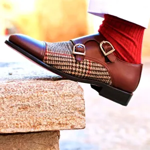 DapperFam Monaco in Tweed / Med Brown Men's Sartorial & Italian Leather Double Monk